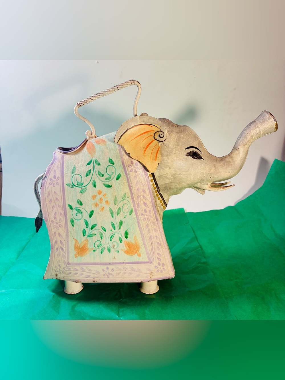 Vintage Hand Painted Metal Elephant Watering Can With Legs